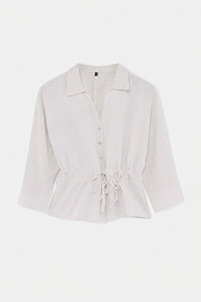 Trendyol Collection White-Multicolor Striped Cinched Waist Shirt Twoaw27Go00022