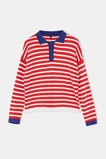Trendyol Collection Wardrobe Essentials Red Special Yarn Wide Fit Striped Kni...