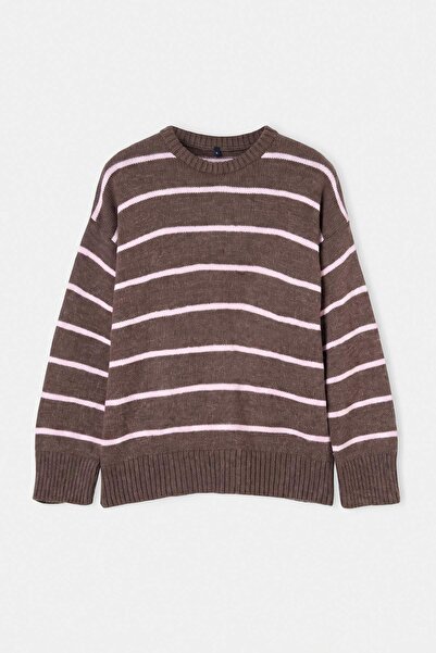 Trendyol Collection Brown*001 Striped Wide Fit Soft Textured Knitwear Sweater...