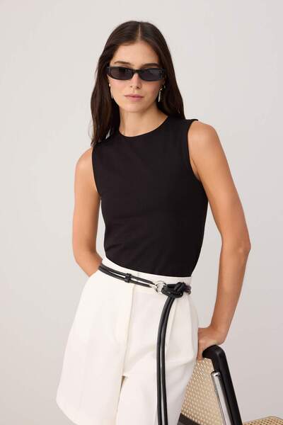 Trendyol Collection Black Plain Regular Crew Neck Sleeveless Cotton Stretch K...