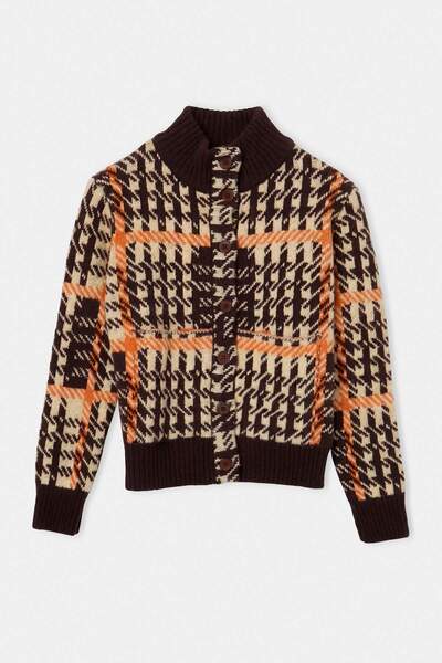 Trendyol Collection Brown Thick Soft Plaid High Neck Knitwear Cardigan Twoaw2...