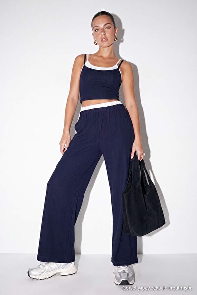 Drop by TrendyolMilla Navy Blue Double Strap Crop Body Elastic Waist Comforta...