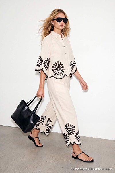 Drop by TrendyolMilla Cream Embroidered Shirt and Trousers Set Tdrss26Au00095