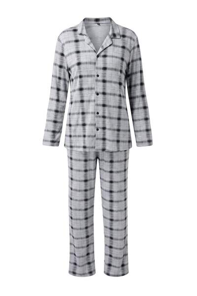 Trendyol Collection Gray Regular Fit Plaid Checked Shirt-Pants Knitted Pajama...