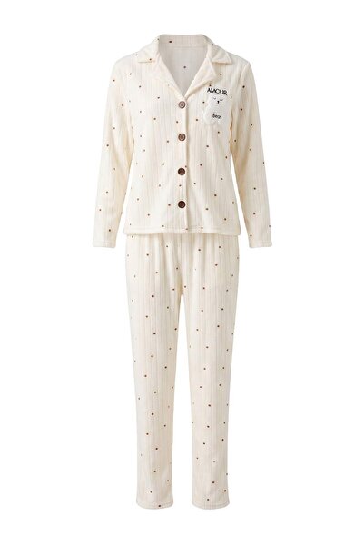 Trendyol Collection Ecru Polka Dot Fleece Knitted Pajama Set Thmaw24Pt00176