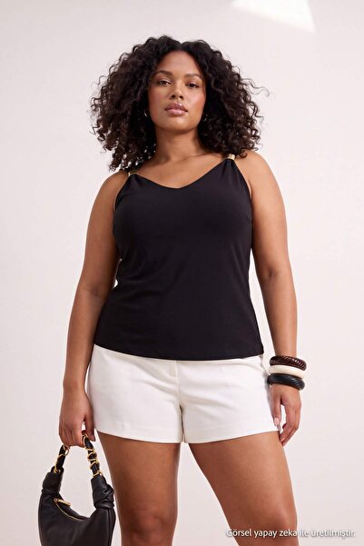 Trendyol Curve Black Fitted/V-Neck Accessory Knitted Plus Size Blouse Tbbss26...