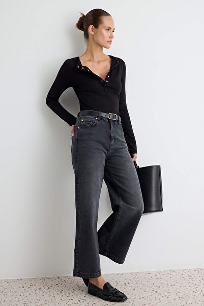 Trendyol Collection Black Medium Stretch High Waist Ankle Length Culotte Jean...