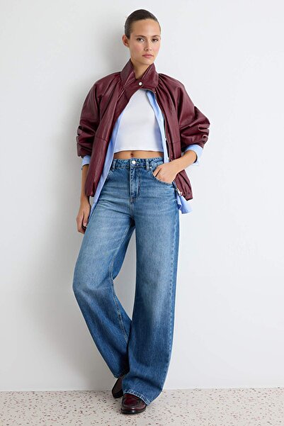 Trendyol Collection Dark Blue 100% Cotton Regular Waist Wide Leg Jeans Twoaw2...