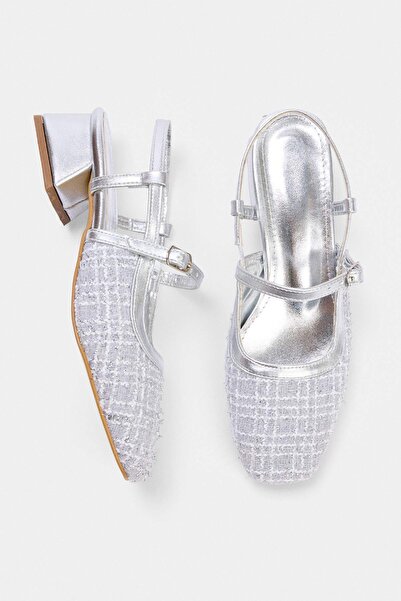 TRENDYOL SHOES Silver Tweed Square Toe Mary Jane Women's 3 cm Balanced Block ...