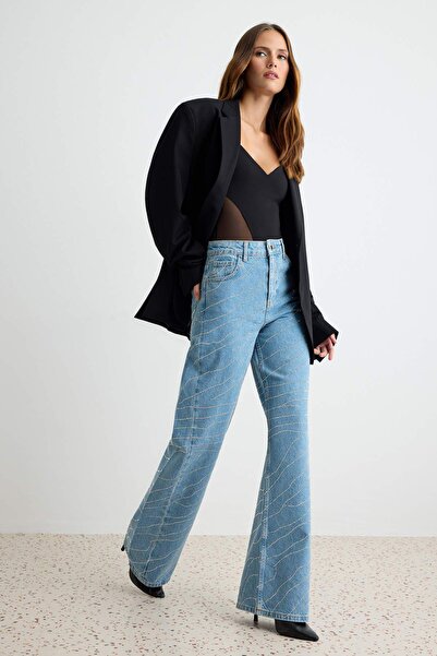 Trendyol Collection Blue Stone Detailed High Waist Wide Leg Jeans Twoaw27Je00124