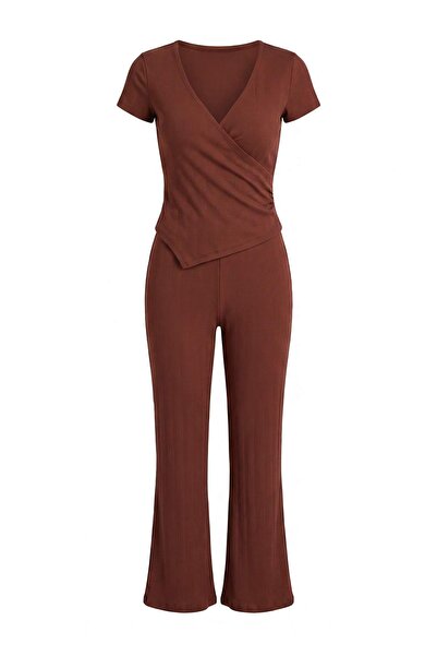 Trendyol Collection Brown Asymmetric Detailed Pointel/Ribbed Knitted Pajama S...