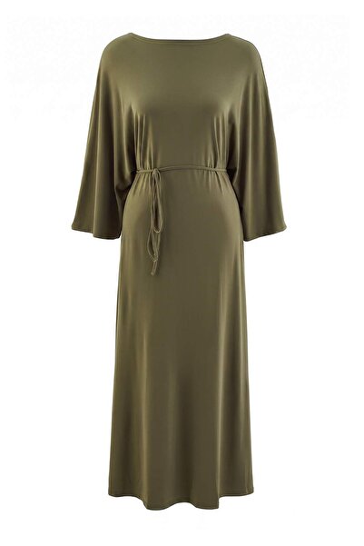 Trendyol Modest فستان كاكي بدون بطانة محبوك سادة من قماش ساندي للحجاب TCTAW27...
