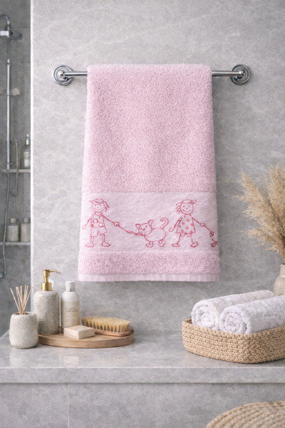 ERFAHOME Çocuk Desenli Pembe Baskılı Yüz Havlusu 50x70