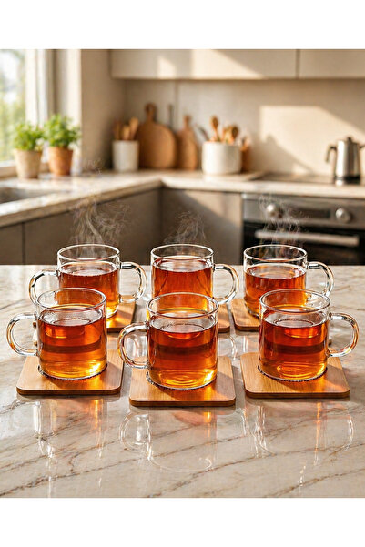 Vivien Home 6'lı 12parça ahşap tabaklı borosilikat Cam Kulplu Bardak 120 ML Cam Çay ve Kahve Bardağı