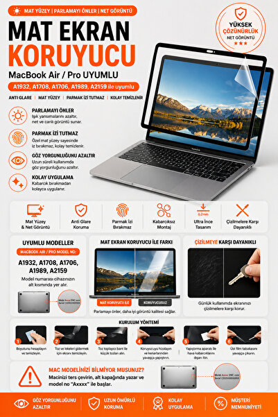Mcstorey Macbook Kılıf Air Pro Mat Ekran Koruyucu Anti Glare A1932 A1708 A170...