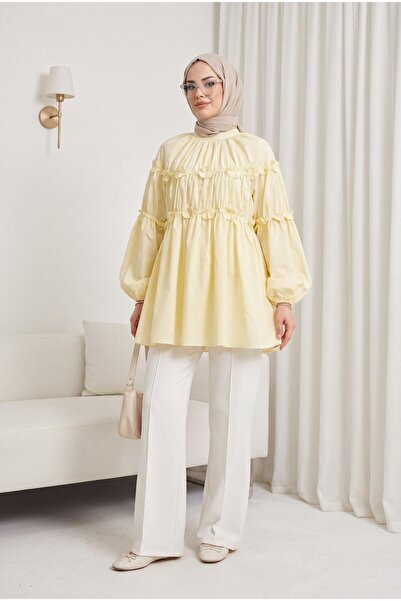 Modamorfo Τοπ Ποπλίνα με Λεπτομέρεια Μαργαρίτα και Ελαστικά Μανίκια - κίτρινο