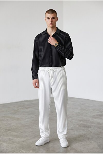 Altamira Men's Black-White Zr Crepe Long Sleeve Shirt Pants Tracksuit Set