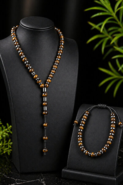 OSMANLI GÜMÜŞ Ανδρικό Σετ Βραχιόλι με Κολιέ Μάτι της Τίγρης και Μαύρες Χάντρες