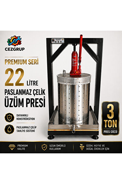 çezgrup Premium 22 Litre Üzüm Sıkma Presi | 304 Çelik Sepet & Izgara | 304 Ka...