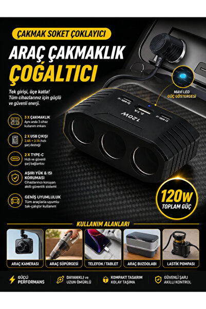 nextbuy 3 Port Araç Çakmaklık Çoğaltıcı Usb-Type-C 120W Araba Çakmak Soket Ço...