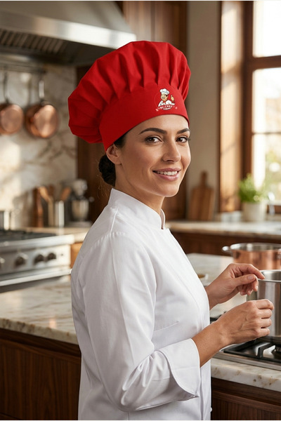 enmalife Mr. Chef Logo Baskılı Kırmızı Şef Aşçı Şapkası, Mantar Kep