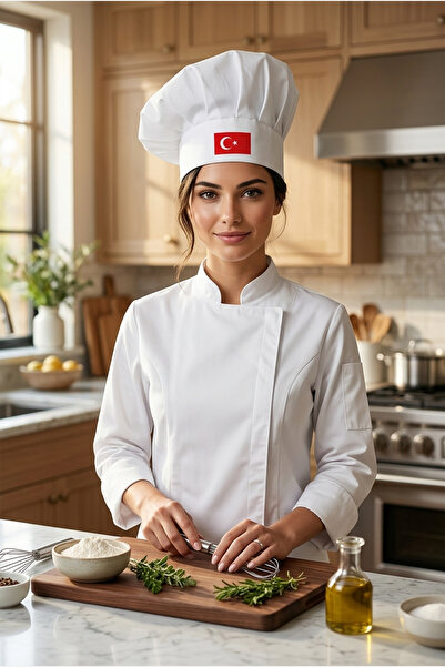 enmalife Türk Bayrağı Baskılı Beyaz Şef Aşçı Şapkası, Mantar Kep