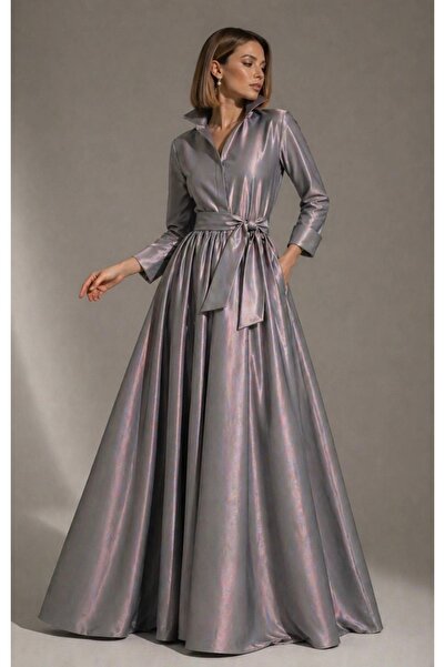 UNTIMELY Maxi Taffeta Shirt Dress with Belt and Two Full Circle Skirt Details