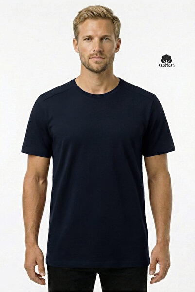 Cottonland Erkek BASIC Rahat Kesim O Yaka Penye Pamuk T-Shirt LACİVERT