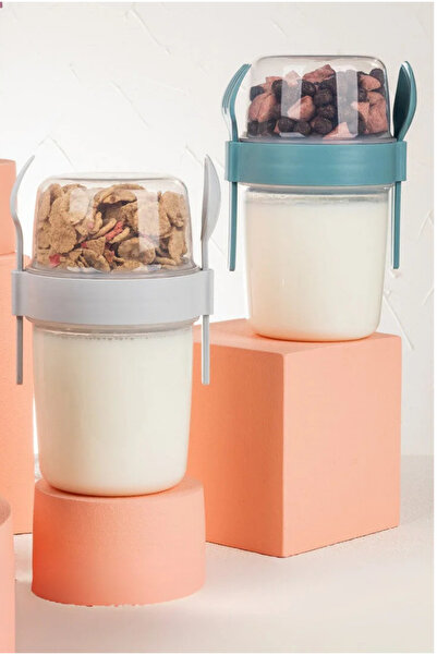 Eynel 2li Set 1100 ml Take-go Kaşıklı Hazneli Meyveli Yoğurt Kabı Piknik Atış...