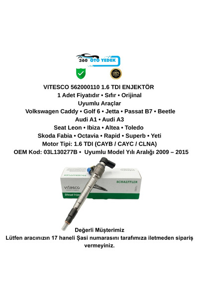 Vitesco Technologies 562000110 Enjektör Volkswagen 1.6 TDI Golf 6 Passat Jett...