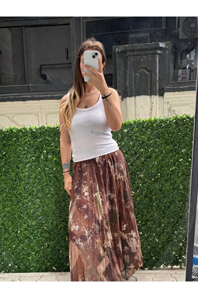 ELA Asymmetrical Cut Patterned Chiffon Skirt with Elastic Waist