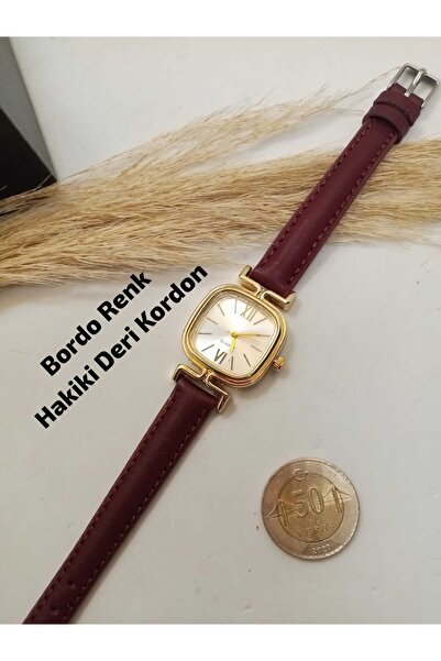 Genel Markalar Minimal Vintage Kadın Kol Saati Retro , HAKİKİ DERİ Bordo Renk...