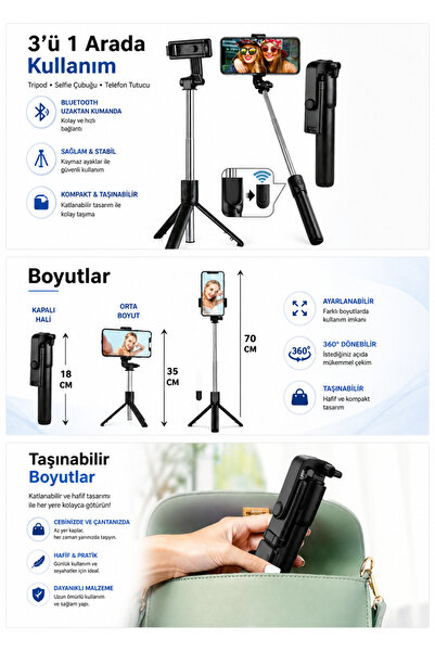 BlissOn Bluetooth Kumandalı Selfie Çubuğu – Tripod Özellikli, Uzatılabilir Telefon Tutucu Monopod