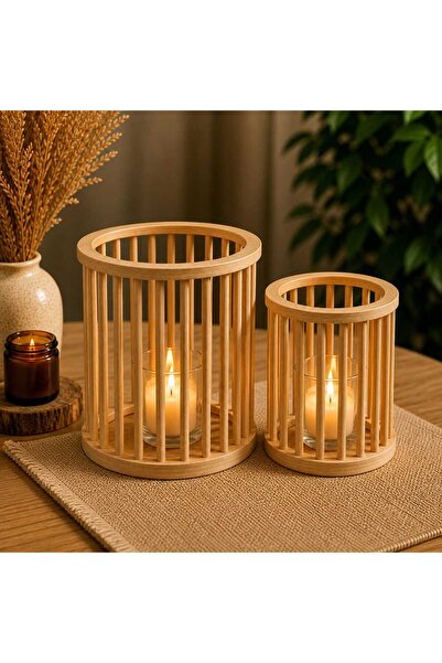 bemdesign Minimal Ahşap Bambu Mumluk 2 li set Dekoratif Fener