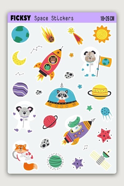 Ficksy Cute Cosmic Animals Sticker Set - 21 Pieces of Space, Planet, Astronaut, Star Sticker Stickers