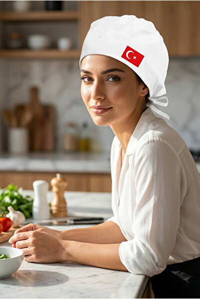 enmalife Türk Bayraklı Beyaz Chef Bonesi | Özel Tasarım Aşçı Ve Şef Bonesi