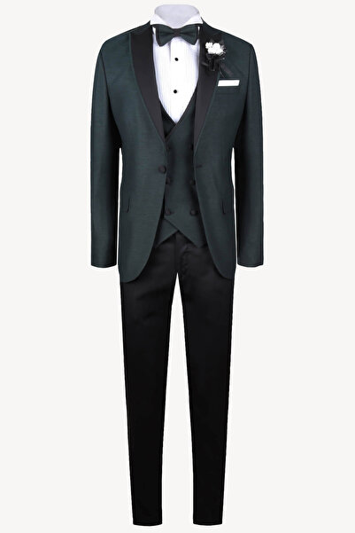 Ysf Erkek Yeşil Yelekli Şal Yaka Slim Fit Damatlık