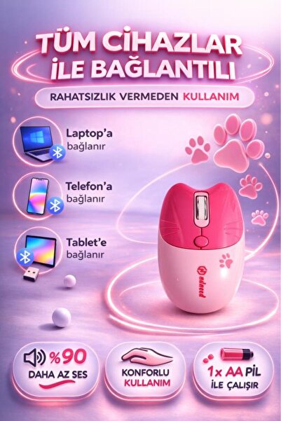 NDNeed Sevimli Kedi Kablosuz Pembe Mouse Bluetooth + 2.4G Dual Mode Catmouse