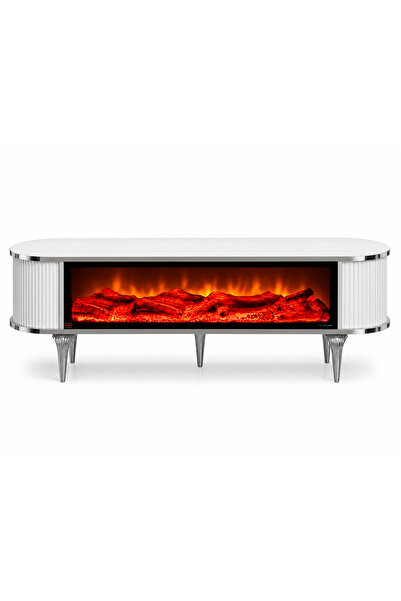 SOME LÜKS Şömineli tv sehpası - Beyaz(krom detaylı) 160cm 3D Alev