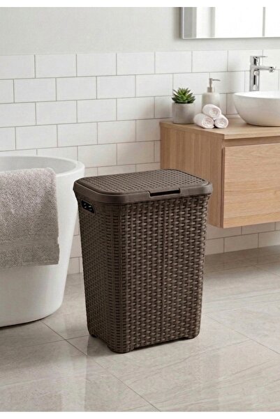 Saban Kahverengi Plastik Hasır Desenli Kapaklı Çamaşır Sepeti – 55x43x33cm