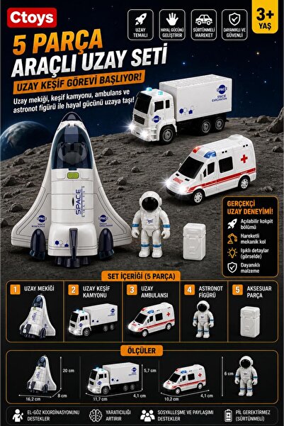 ctoy 5 Parça Araçlı Uzay Seti – Uzay Mekiği, Kamyon, Ambulans ve Astronot Oyu...