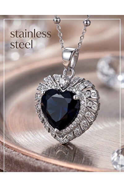 stainless steell قلادة فضية اللون من الفولاذ على شكل قلب من الحجر الأسود مع س...