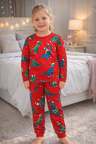 ELMASS Diamond girl christmas themed dinosaur print long sleeve pajama set 1-...