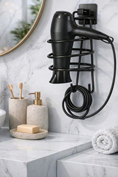 UG Home Siyah Kare Yapışkanlı Kancalı Fön Askısı Fön Makinesi Tutacağı