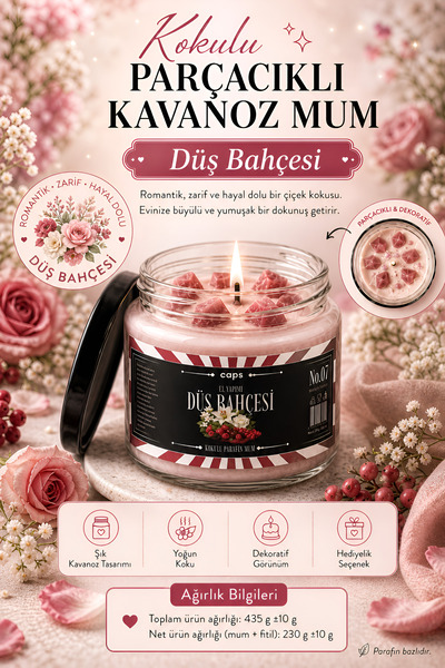 caps Düş Bahçesi Kokulu & Parçacıklı Cam Kavanoz Mum – Şık Görünüm, Güçlü Kok...