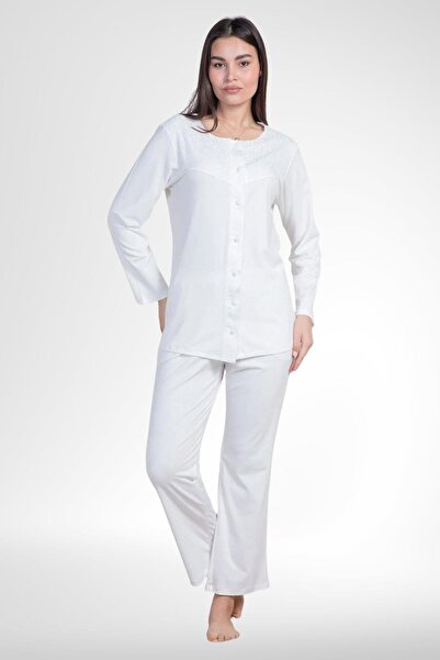 Mecit Pijama Mecit 6105 Ecru Γυναικείο Σετ Πιτζάμες Μεγάλο Μέγεθος με Κουμπιά
