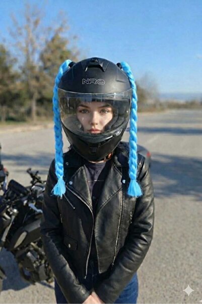 Beta mavi renkli motosiklet motor kask saçı örgülü