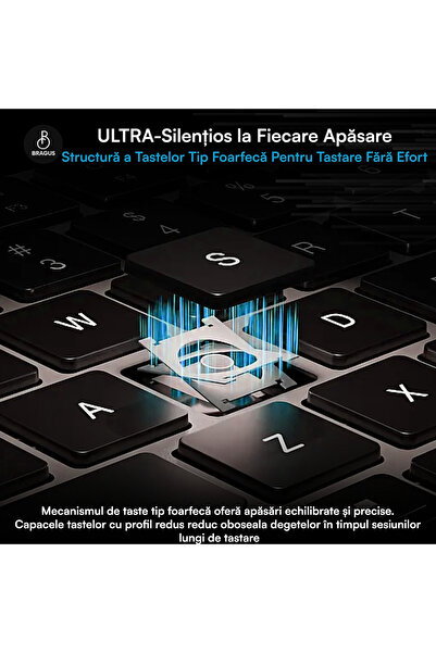BRAGUS Tastatura Wireless Reincarcabila, BRAGUS, Bluetooth 5.1, USB, 500mAh, Ultra Subtire, Aluminiu, Conectare Simultana pe 3 Dispozitive, Compatibila PC, Windows, Mac, iOS, Android, Type-C, 230g