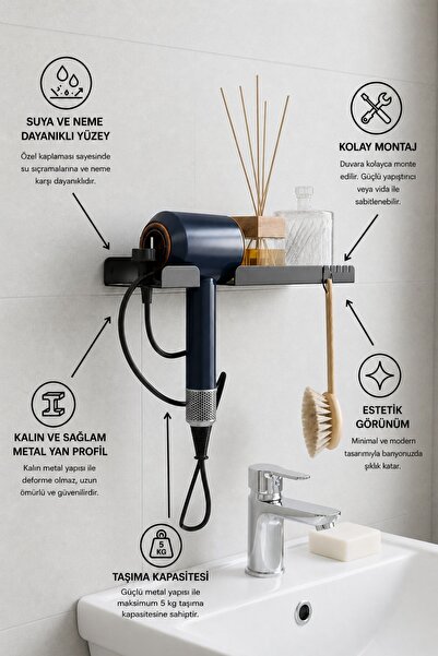 Grandmix Duvara Monte Banyo Organizeri Askılı Saç Kurutma Makinesi Tutucu