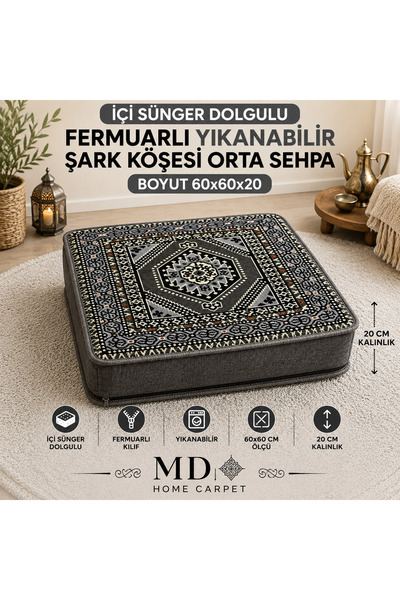 mdhomecarpet Otantik Şark Köşesi Halı Kumaşlı Orta Sehpa 60x60 cm 20 CM Yükse...